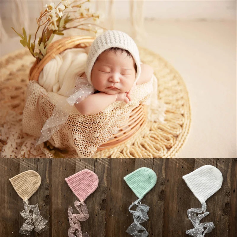 Newborn Baby Photography Props Sugar Color Knitted Hat with Lace Retro Bonnet Fotografia Accessories Studio Shooting Props