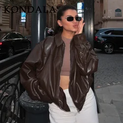 KONDALA 2026 Spring Summer Brown Business Casual Faux Leather Women Jackets Chic Valentine‘s Day Spliced Zipper Ladies Jackets