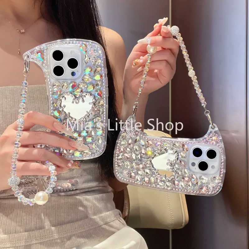 Premium Luxury Diamond Rhinestone Case For series Elegant Sparkly Cover With Heart Mirror & Pearl Hand Chain