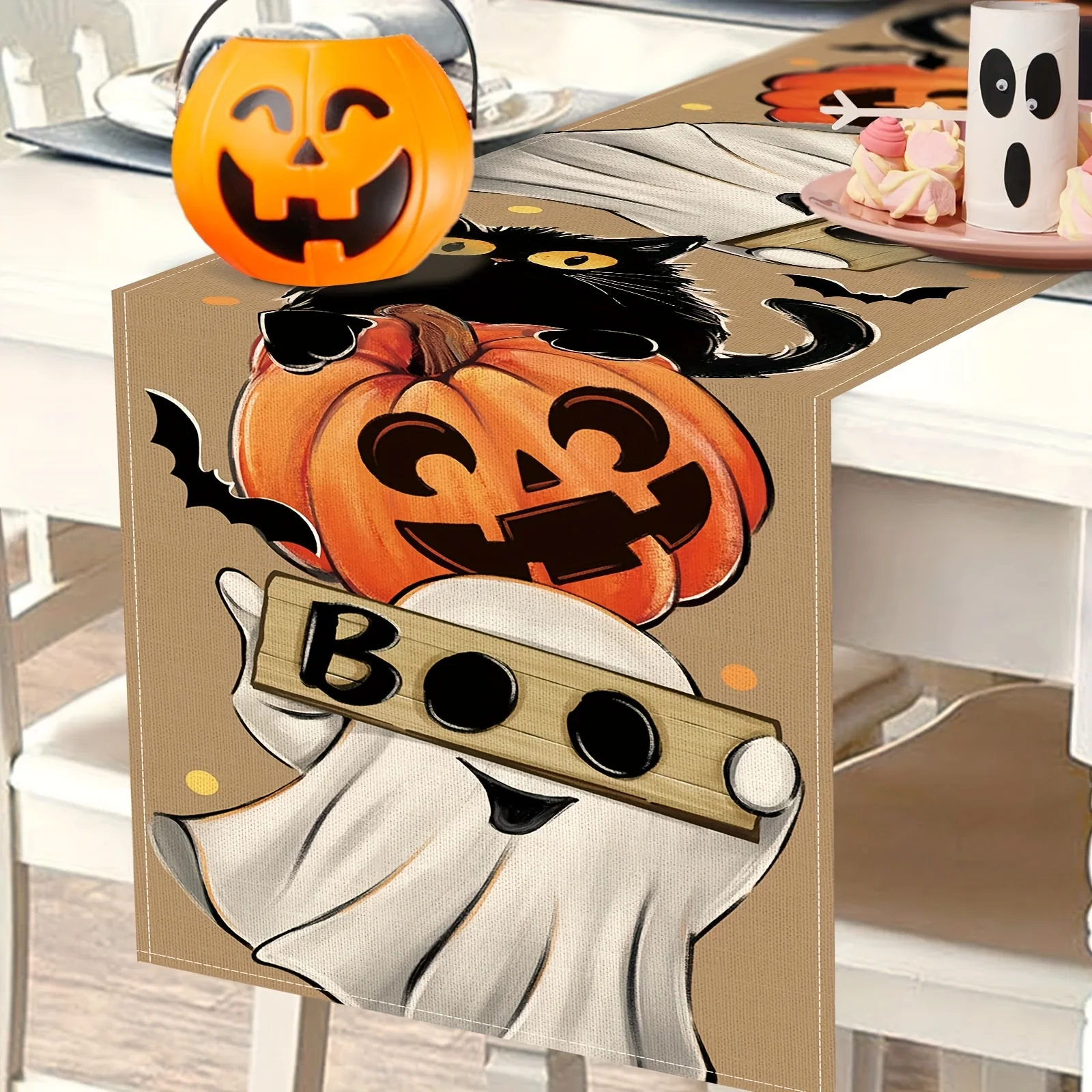 

1 шт. Детская скатерть на Хэллоуин, роспись с призраками, тыквой, черными кошками, летучими и другими узорами на фоне цвета хаки, подходит для вечеринок на Хэллоуин, детских тематических ресторанов, семейных праздничных украшений, тематических занятий, те