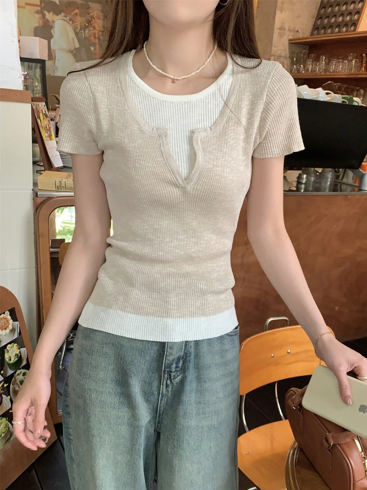 

Korean Sle Summer Faion Slim Fit ort Sve Knitted Fake Two-Piece Top Women's Commute Sle round Ne Thin Fabric