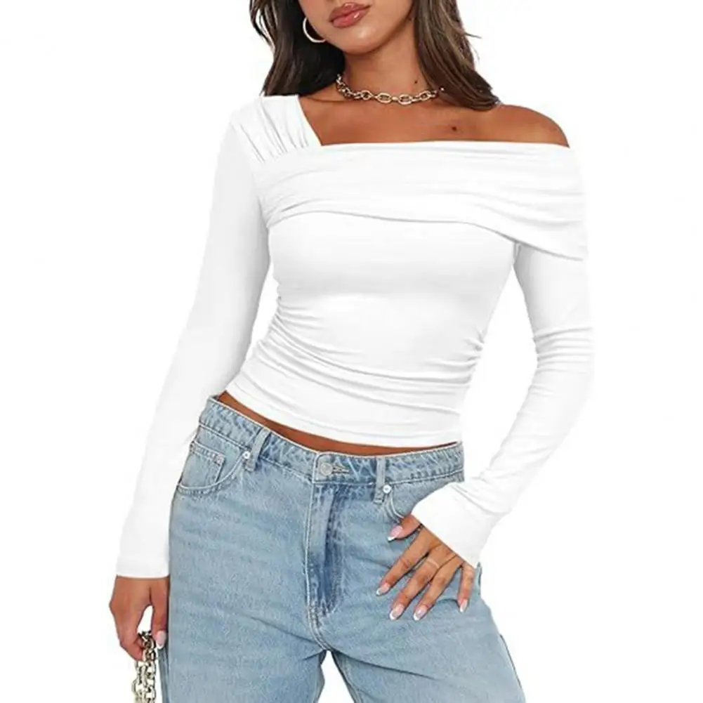 Fashion Blouse Women Tops Off Shoulder Ruched Long Sleeve Top Classy Commuting Style Slim Fit Elegant Shirt Women 2023