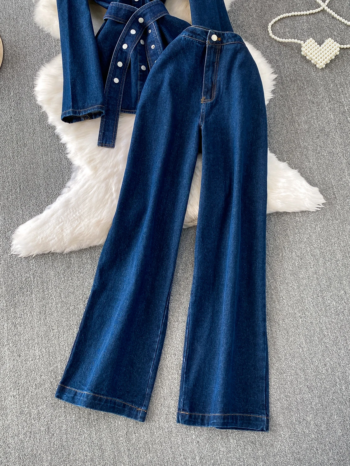 Retro Hong Kong Sle Single Button Slim Fit Denim Jaet High Waist Wide Leg Pants Two Piece Set Autumn Winter Faion Ensemble