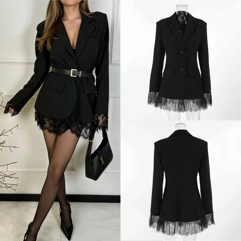 Women Elegant Lace Hem Black Suit Coat Fashion V-neck Single Breasted Slim Fit Blazer Office Lady Blazer Outwear
