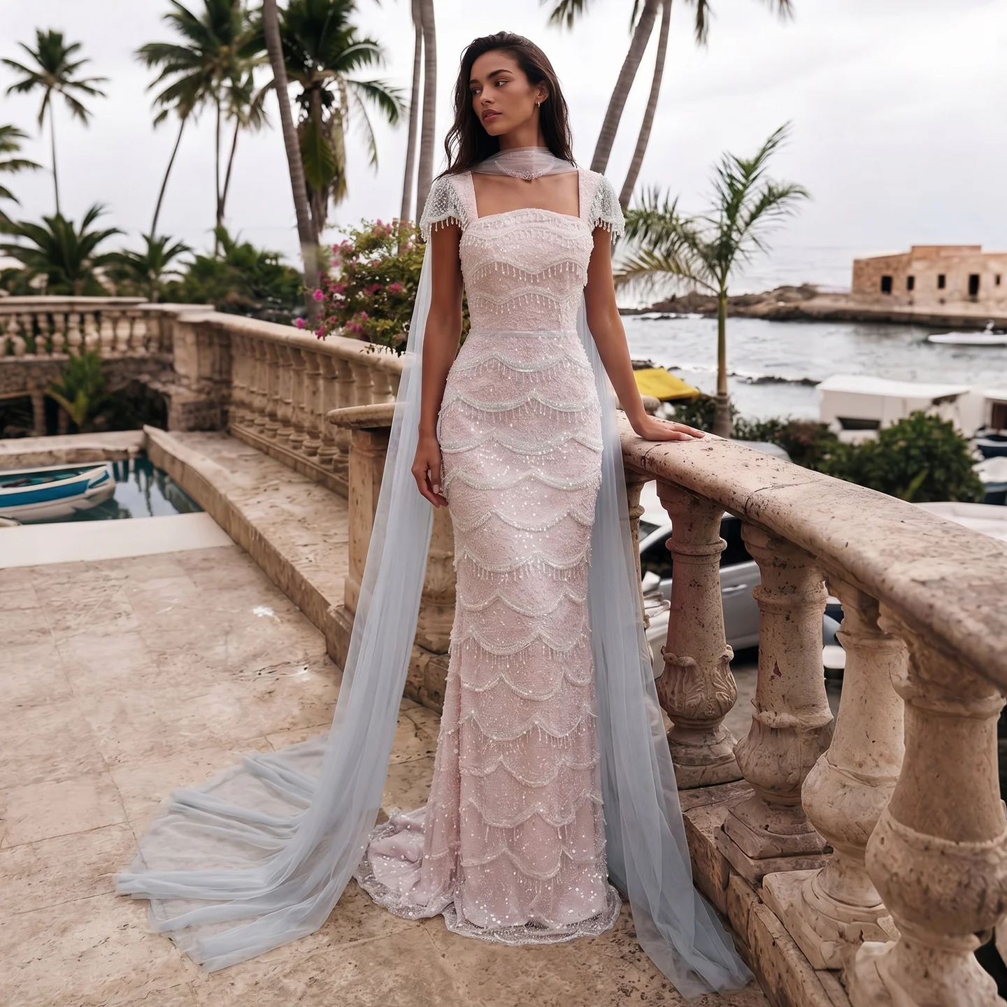 Sharon Said Luxury Gradient White Square Neck Mermaid Evening Dress With Long Tulle Cape Formal Party Gowns SS523 Customized