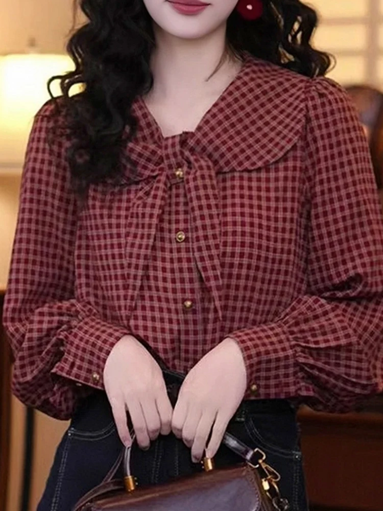 

Ретро-красная клетчатая блузка с узлом, женская свободная модная топ-рубашка для осеннего сезона, элегантный повседневный топ с V-образным вырезом и длинными рукавами