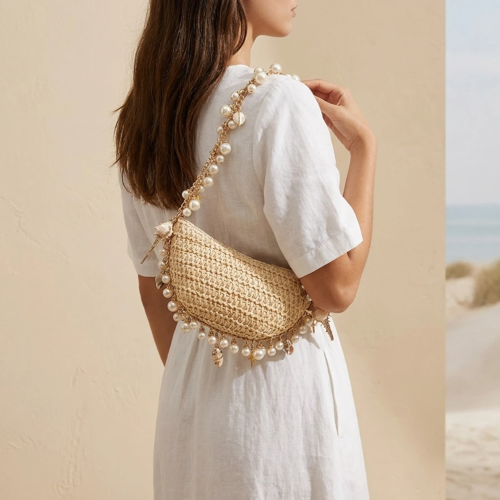 Khaki Woven Straw Shoulder Bag with Plastic Pearl Handwoven Tote Beach Bag Versatile Summer Purse