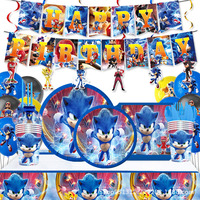 Sonic Birthday Party Decoration Cartoon Theme Tableware Cup Plate Banner Balloon Tablecloth Flag Spoon Kids Party Supplies