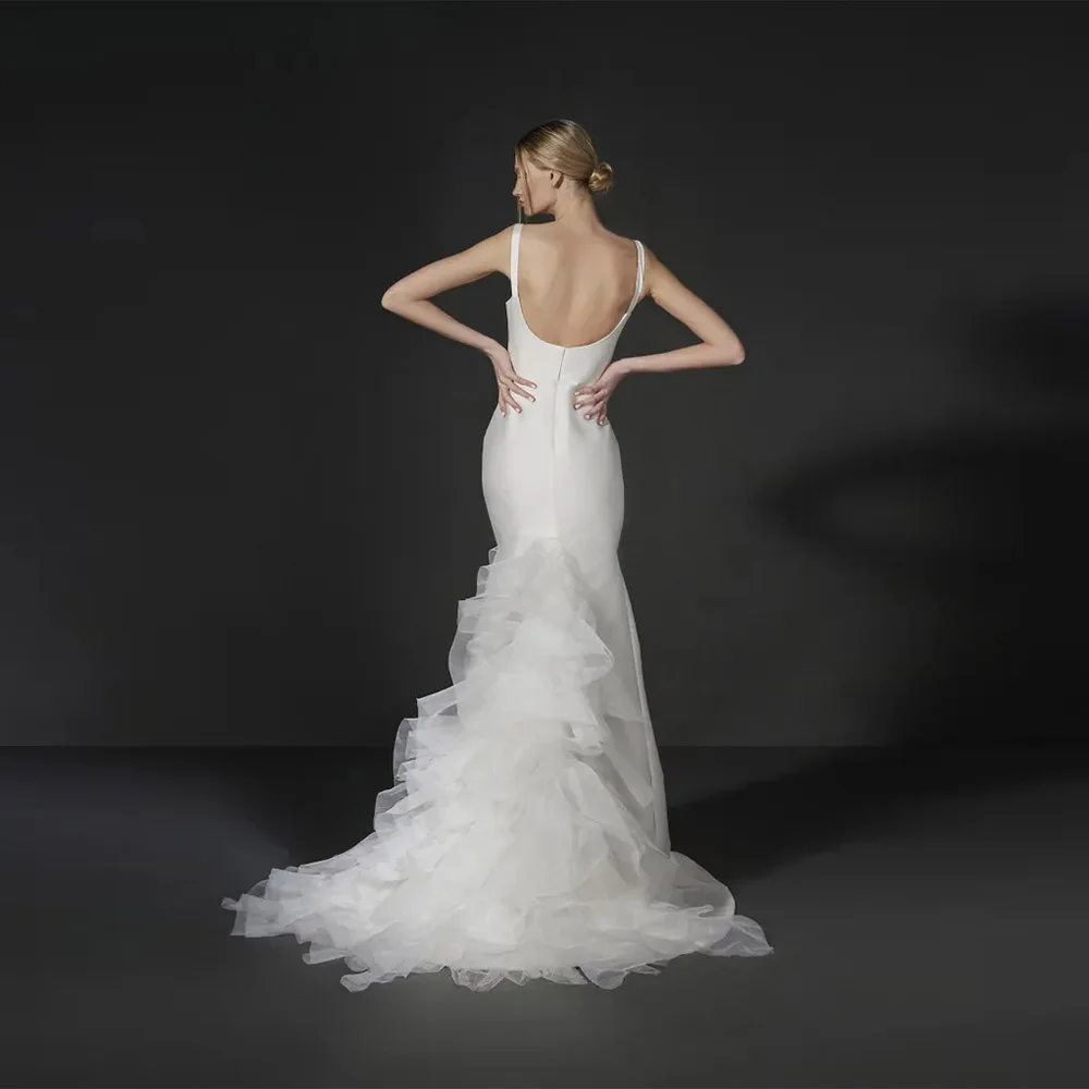 Szyte na miarę proste, długie satynowe suknie ślubne typu syrena z tiulu w kolorze kości słoniowej, z odkrytymi plecami, z trenem typu sweep, suknie wieczorowe dla kobiet (Brautkleider, Robes de Soirée)