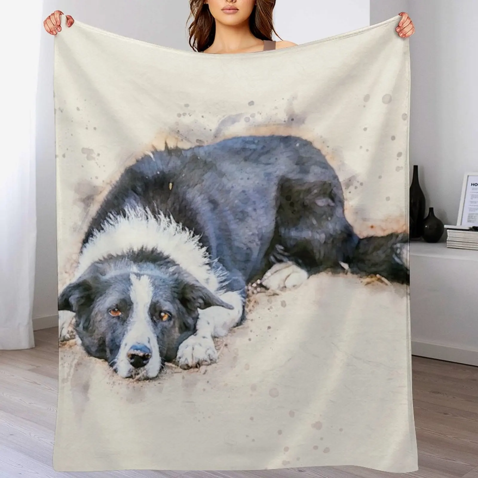 Cute Border Collie Lying on Ground Watercolor Throw Blanket Picnic Decorative Throw Blankets