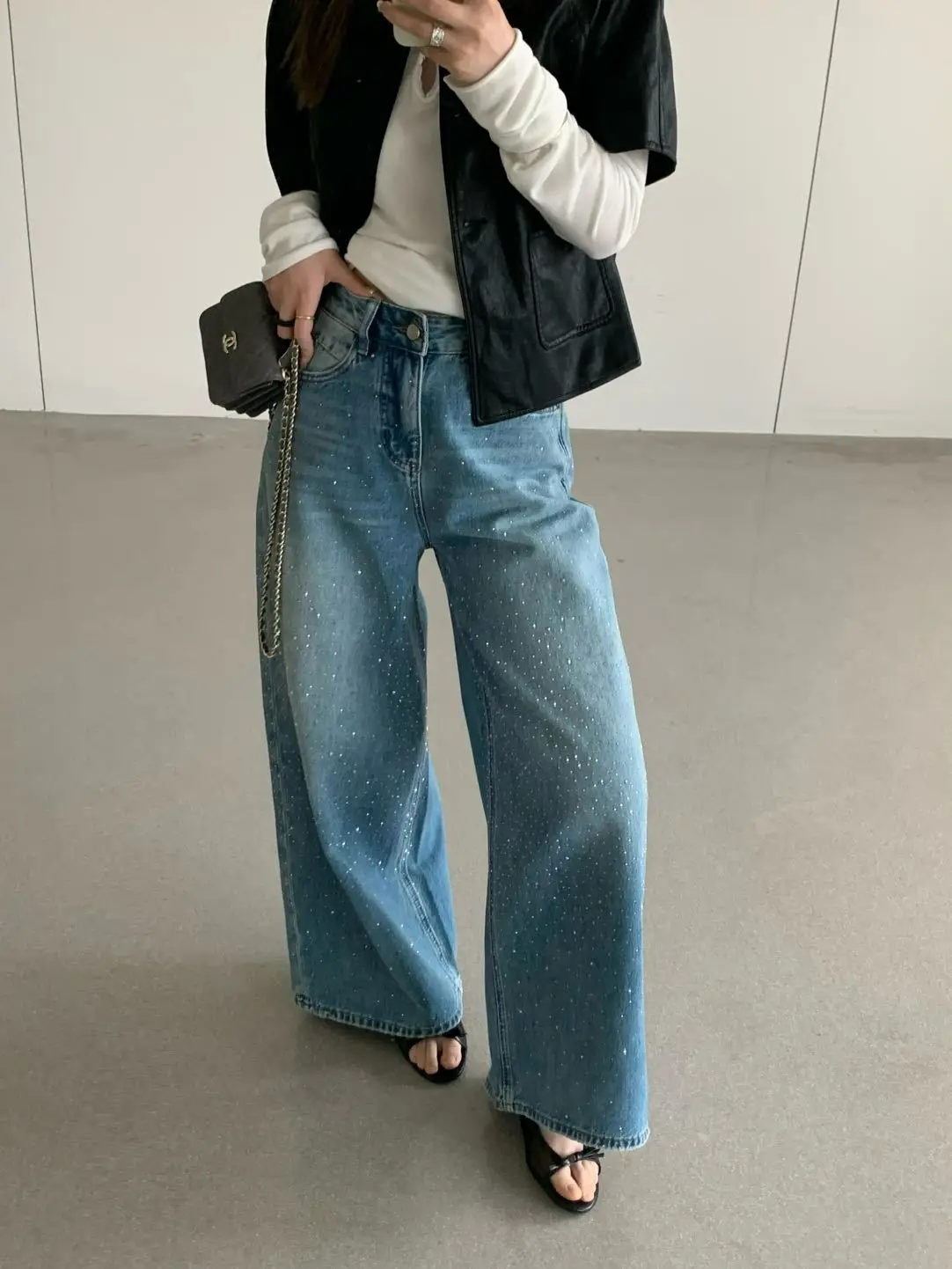 

Lilian Enxi High Waist Wide Leg Jeans Women's Straight Cut Sparkling Diamond Embellied Denim Pants Spring 2026 Ladies Faion