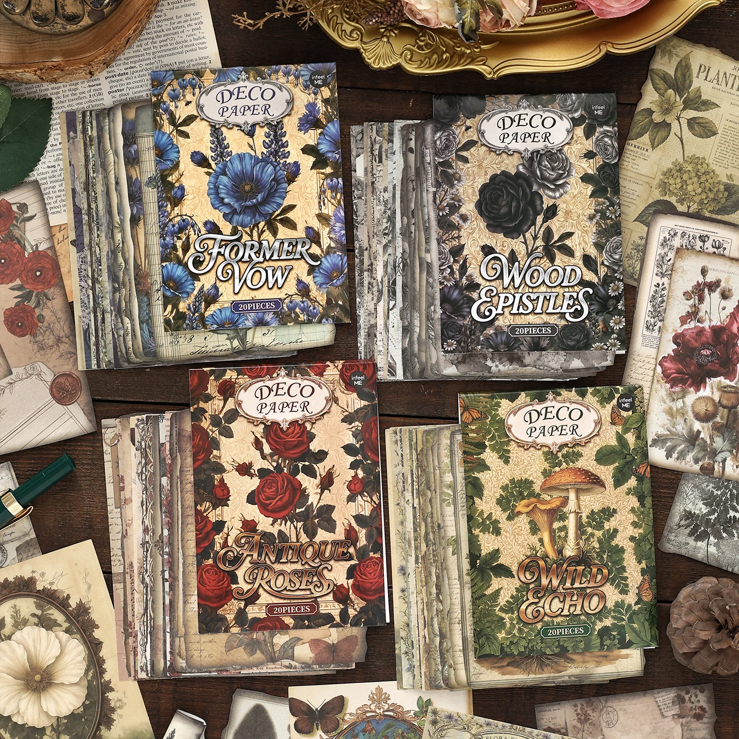 Vintage Junk Journal Scrapbooking Paper - 20枚入り ヴィンテージ素材ペーパー 植物 花柄 デコレーション ジャンクジャーナル