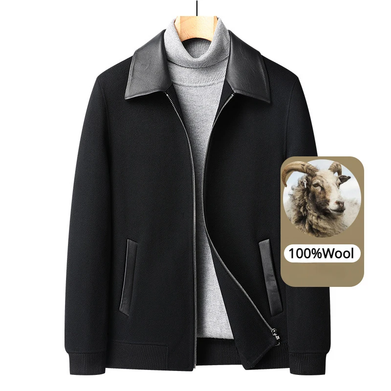 100% Wool Double-sided Woolen Jacket Mens Thick Leather Lapel Warm Business Casual Jackets Male Solid Loose Classic Retro Coats