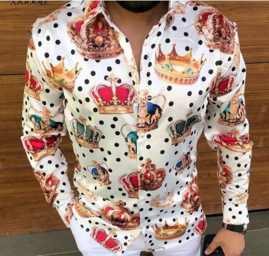 

Spring / Autumn Men's Shirt Latest Crown 3D Printed Long Sleeve Luxury Social Shirt Lapel Top Men's casual shirt Quick Delivery