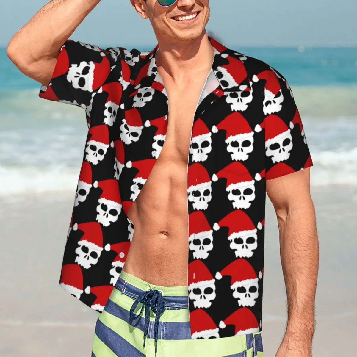 

Merry Funny Skull Beach Shirt Santa Goth Hawaiian Casual Shirts Male Retro Blouses Short-Sleeve Harajuku Pattern Top