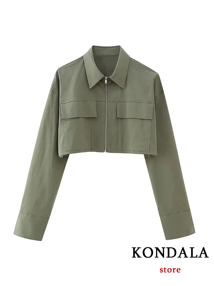 KONDALA Casual Armygreen Women Blouse Solid Turn-down Collar Zipper Pockets Short Loose Blouse Fashion 2023 Autumn Shirts