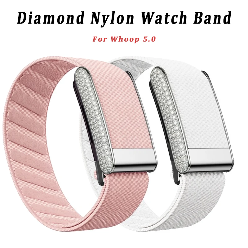 Diamond-Embedded Case for Whoop 5.0 Nylon Woven Elastic Strap Casual Wristband with Full-Diamond Bright Silver Metal U-Frame