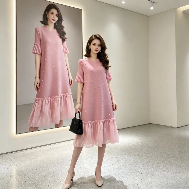 Miyake Pleated 2026 Summer New Pleated Mid-Length Skirt Women's Casual Round Neck Patchwork A-Line Skirt Fashion Pleated Dress