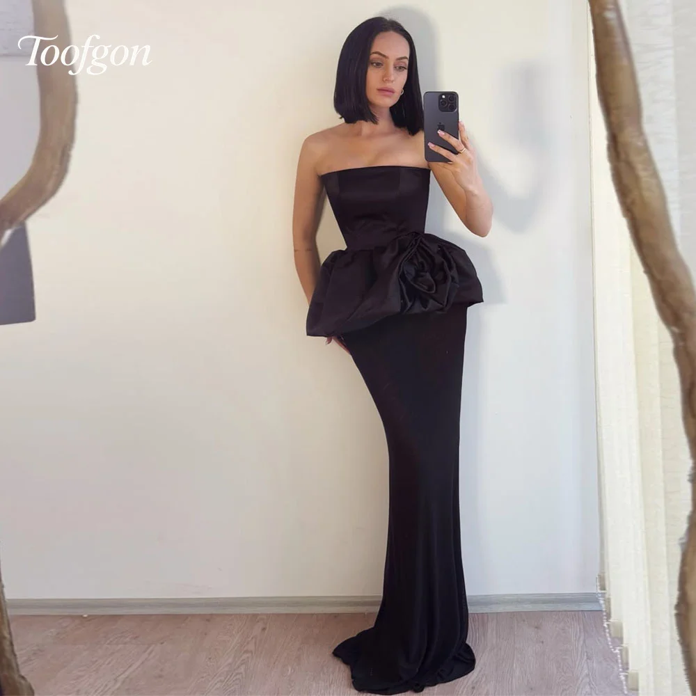 Toofgon Abiti da ballo moderni in raso nero Abiti da sera a sirena Abiti da spettacolo per eventi per donne 2026 personalizzati