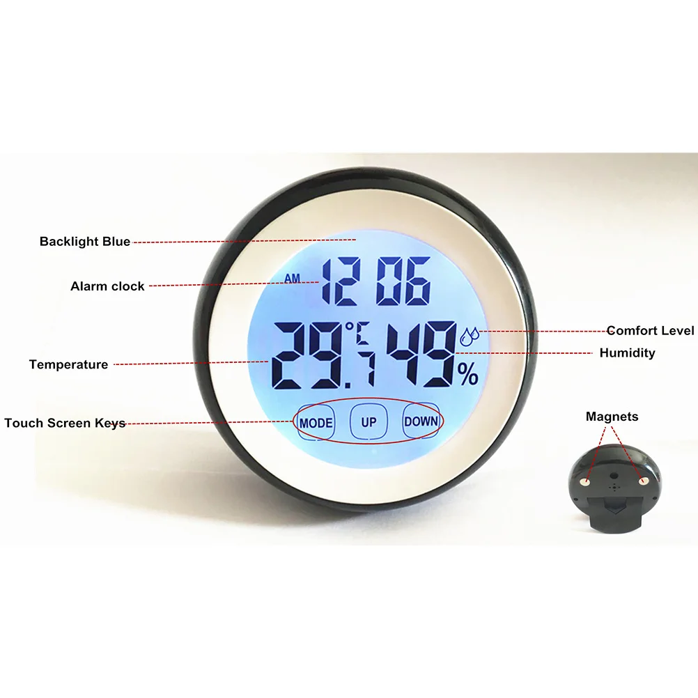 

Black Touch Screen LCD Digital Temperature Humidity Meter Thermometer Hygrometer Clock Portable Indoor Wall Mount