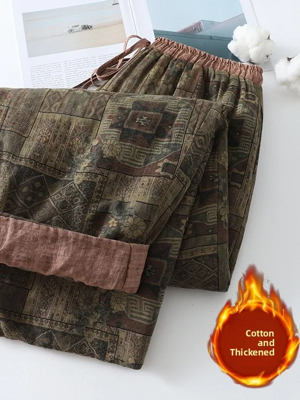 

Retro Waed Wide Leg Pants Cotton Linen Print Thermal Trousers for plus Size Women Casual Autumn Winter Faion Artistic