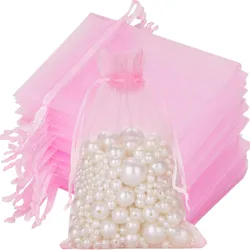 50pcs/Lot 5x7/7x9/9x12/10x15cm Pink Organza Drawstring Pouches For Beads Candy Storage Gifts Jewelry Packing Small Businesses