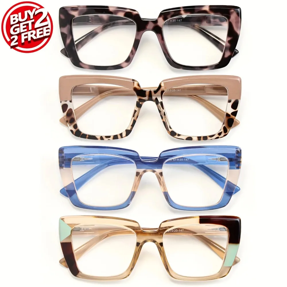 4-Piece Set of Retro Square Reading Glasses, Stylish Color Block Design, with Spring Hinges, Made of Polycarbonate Frame and Lenses, Color Random Christmas Halloween Gift Recommendation