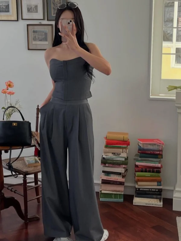 

Korean Style Fashionable Shirt High Waist Wide Leg Pants Zipper Design Turn-down Collar Women's Three-piece Set Spring Season