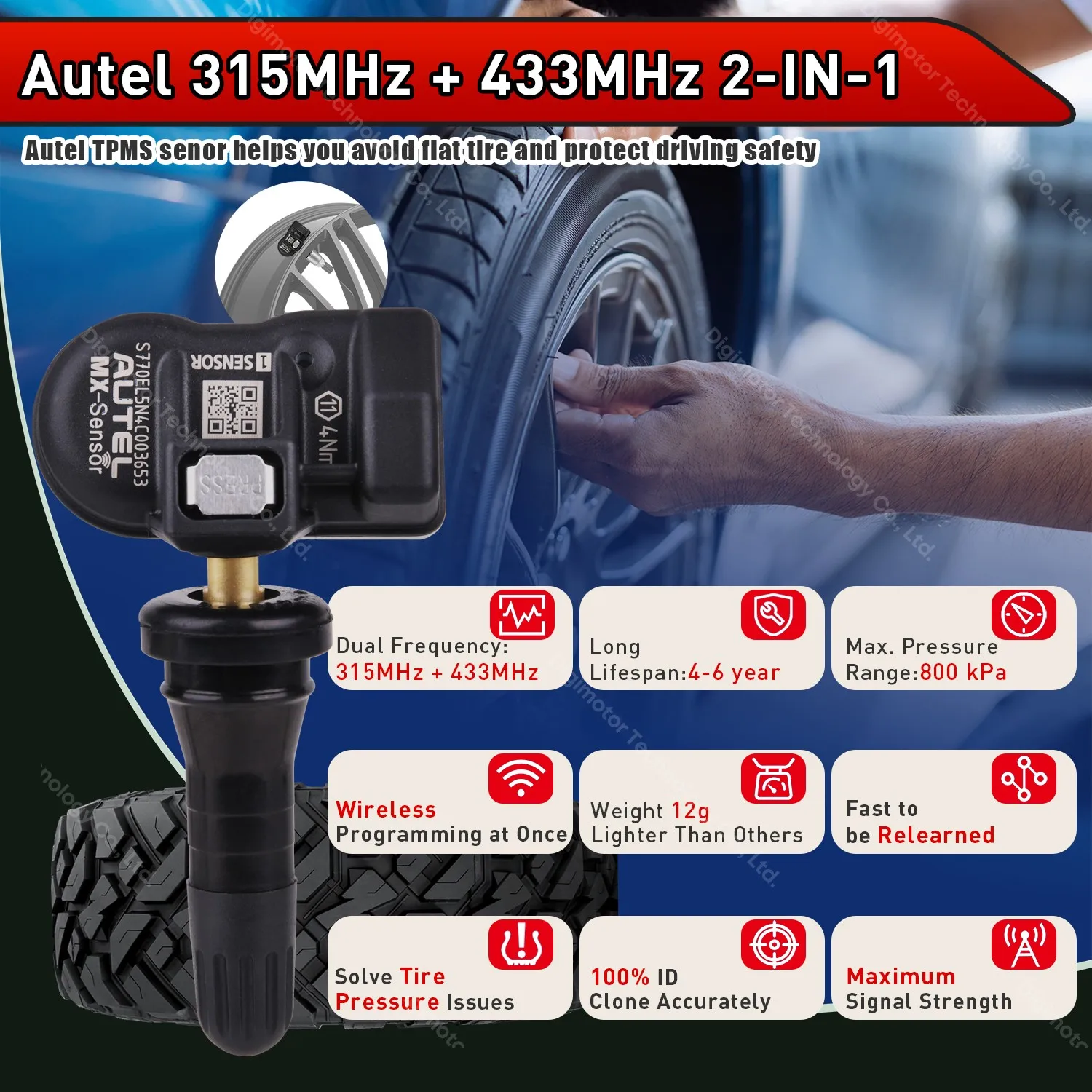 4Pcs/Lot Autel MaxiTPMS 315MHz/433MHz 2in1 TPMS Tool MX-Sensor Programmable fit Tire Pressure Press-in Metal （Rubber）Valves