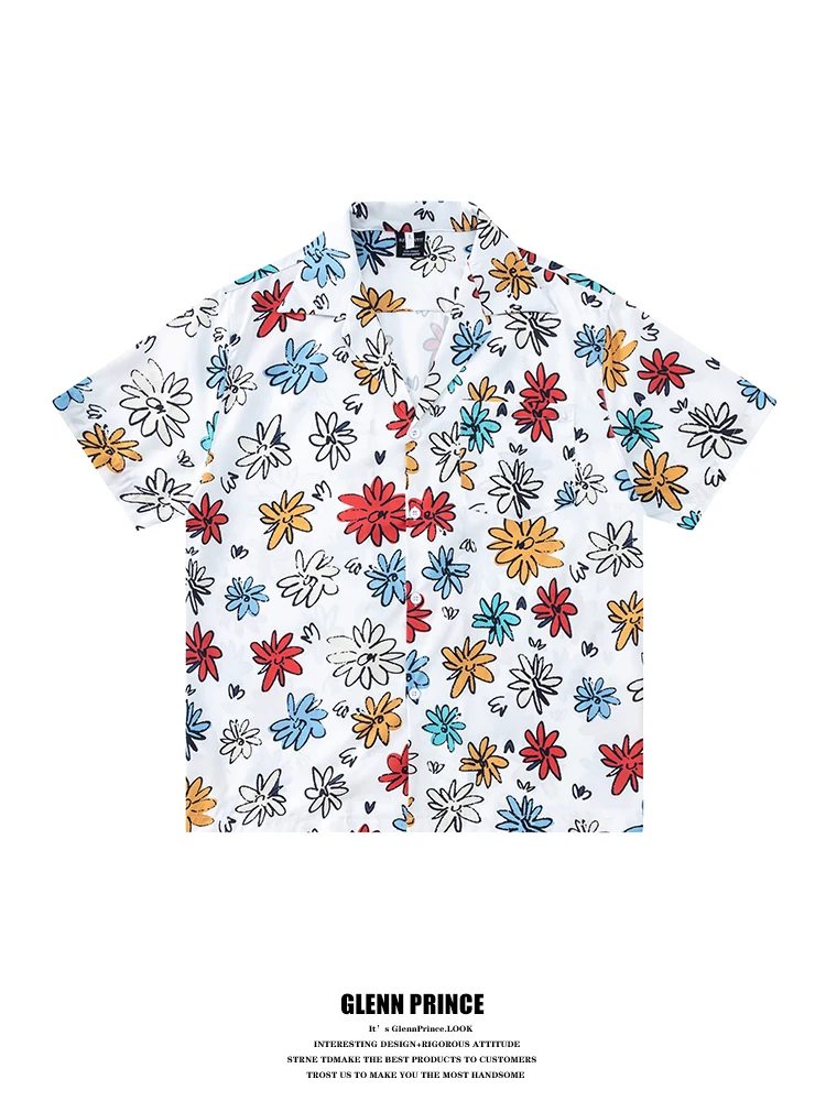 

GPstudio American Retro Graffiti Floral Short Sleeve Men's Summer Trendy Design Beach Shirt Breathable Polyester Fiber Loose Fit