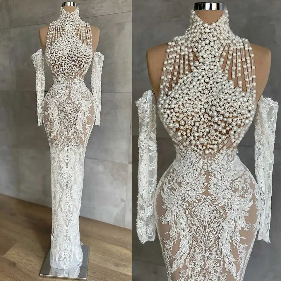 

Luxury High Neck Pearls Wedding Dresses Women Sexy Long Sleeve Beading Bride Dresses Customized Lace Floor Length Bridal Gown