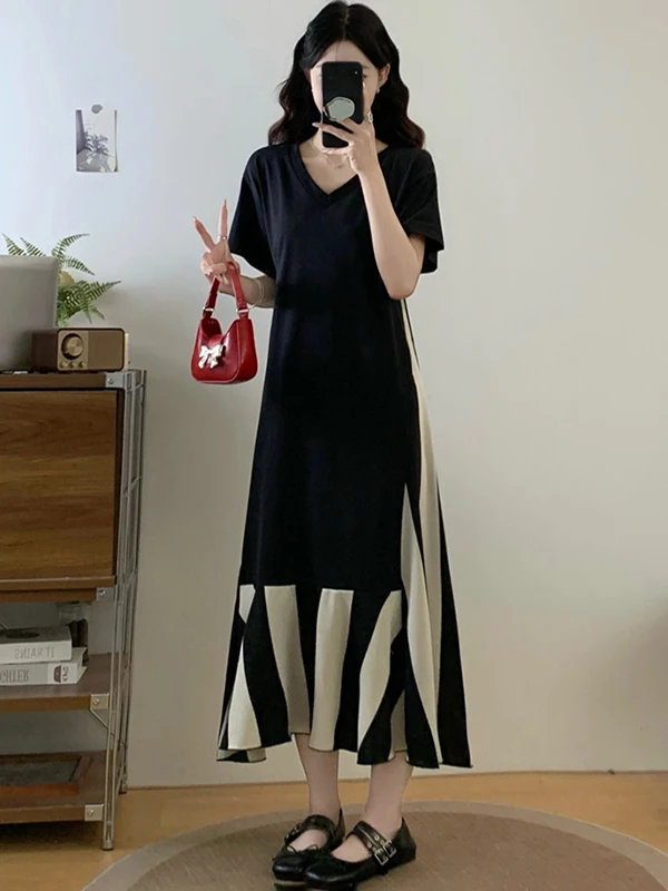 Yokoc grande taille femmes rayé Patchwork T-shirt Dr coréen Sle été minceur longue Dr trajet a-ligne jupe