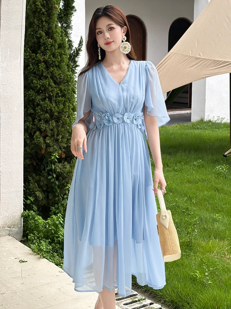 Dameskleding Fee Celebrity Vakantie Jurk Dames Mooie Blauwe Chiffon Bloemen Swing Gewaad Vrouwelijke Vakantie Feest Prom Vestidos