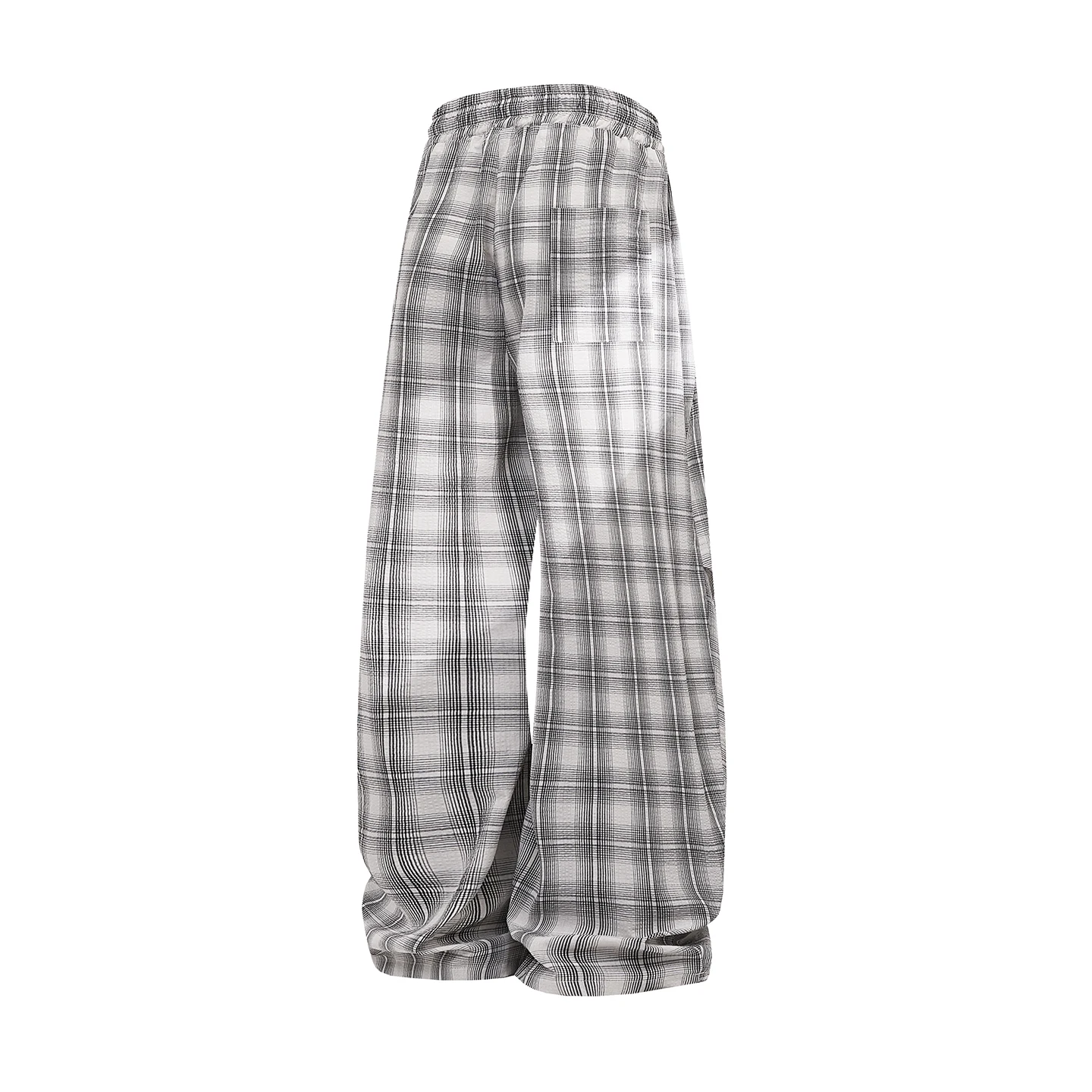 Vintage Plaid Wide Leg Pants with Pleated Stitching Drawstring High-waisted Elastic Waistband Loose Fit and Floor-length Hem