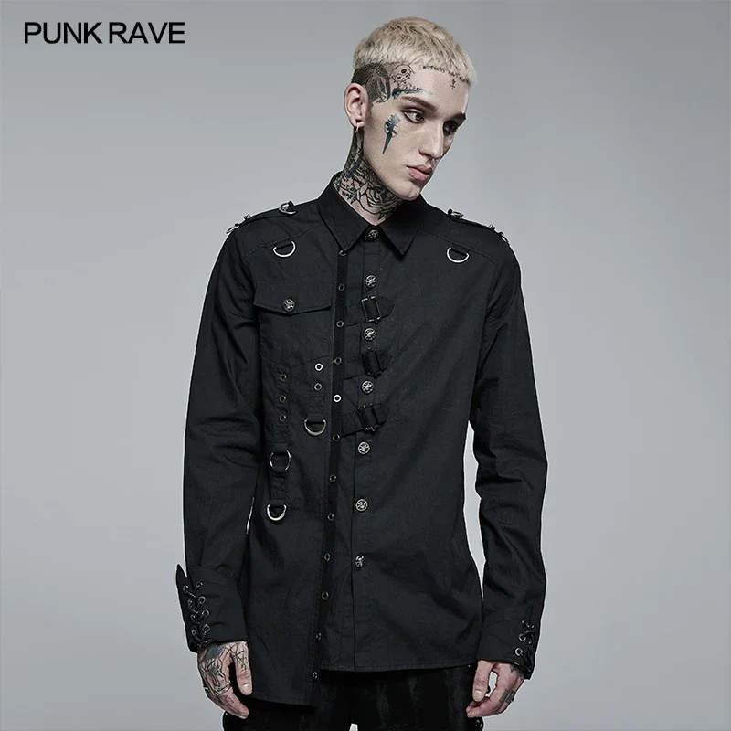 PUNK RAVE Men\'s Punk Personality Asymmetric Shirt Soft Slim Cool Men Clothing Four Seasons Casual Black Shirts