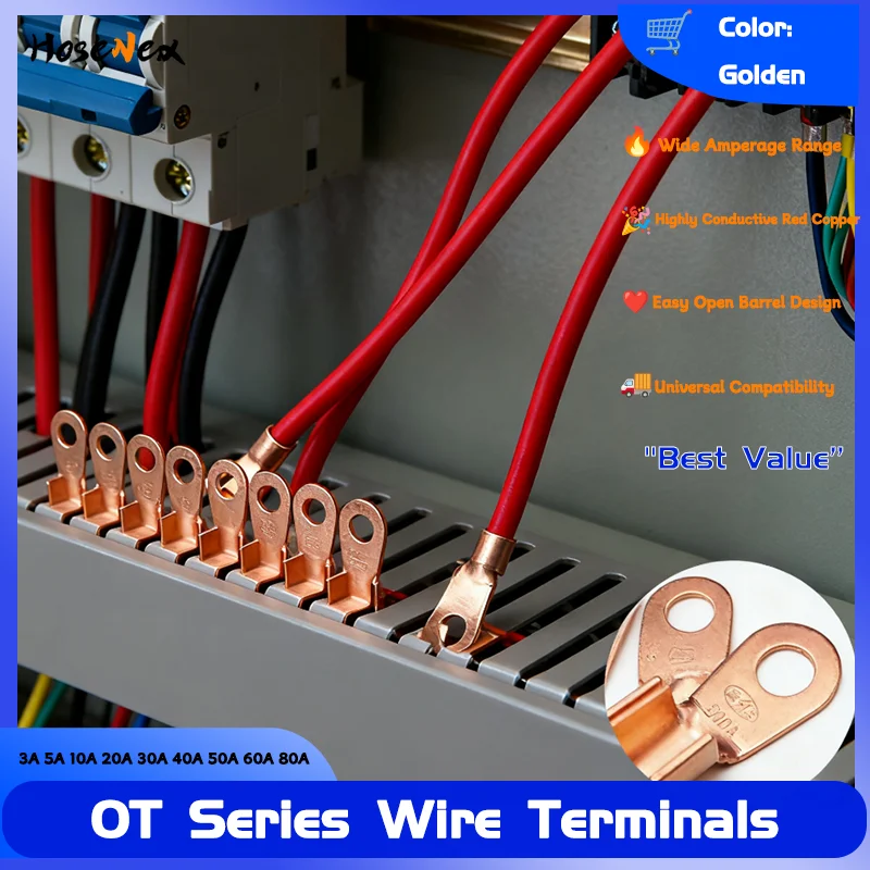 

Electrical Wire Terminals OT Type 3A-80A Open Barrel Lugs, Red Copper Bare Connectors for Universal Cable Splice Terminals