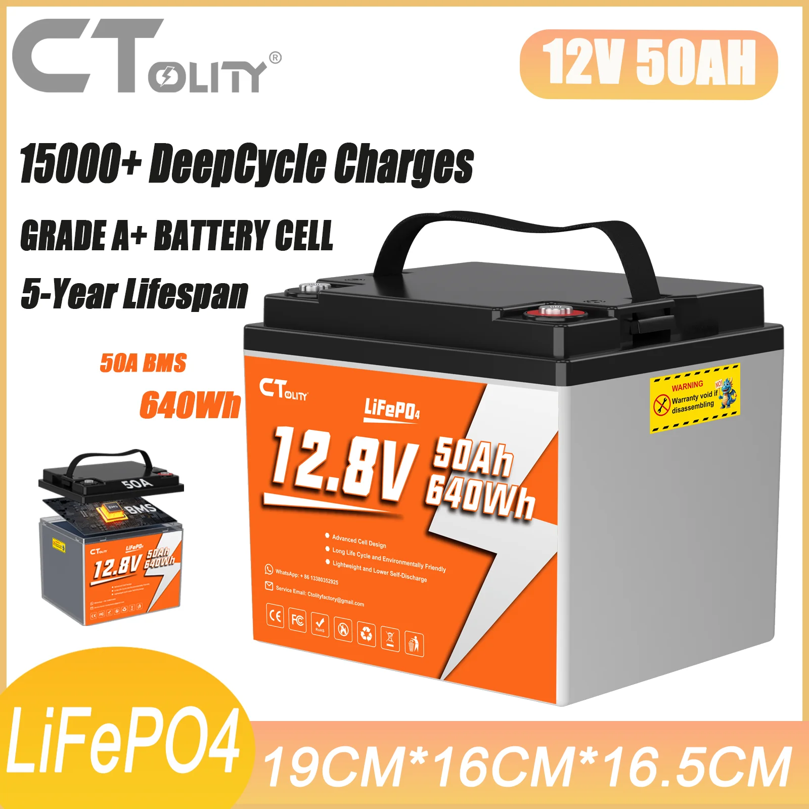CTolity 12V 50Ah LiFePO4 Battery Built-in BMS 15000+ Cycles Deep Cycle Lithium Iron Phosphate Battery for RV Marine Trolling Motor Solar