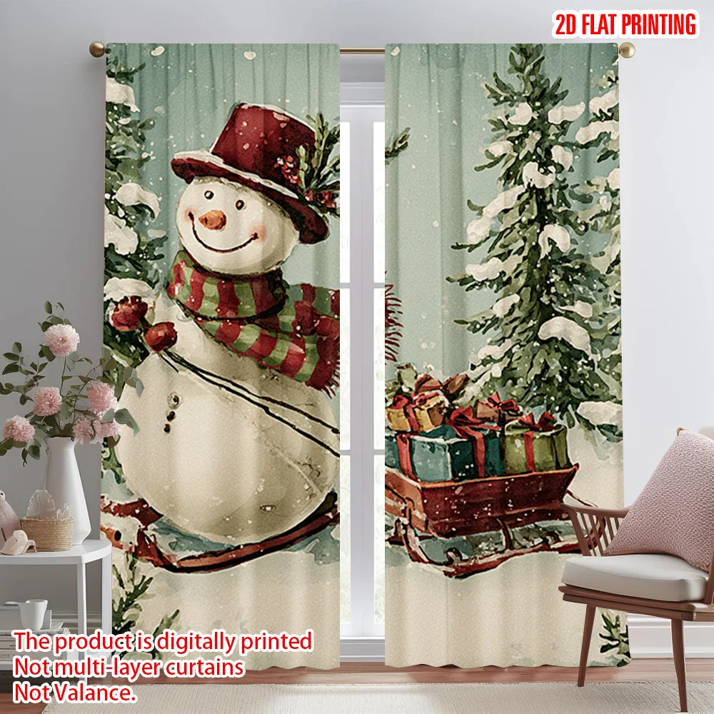2pcs,2D plane printing Pattern Curtains Snowman_ Tree & Holly Durable Polyester (without rod) Decorations Inside Perfect for
