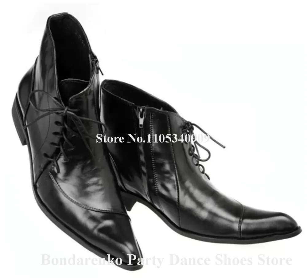 Luxury Men Black Wine Red Matte Leather Flat Short Boots Fashion Pointed Toe Side Lace-up Male Dance Shoes Club Shoes