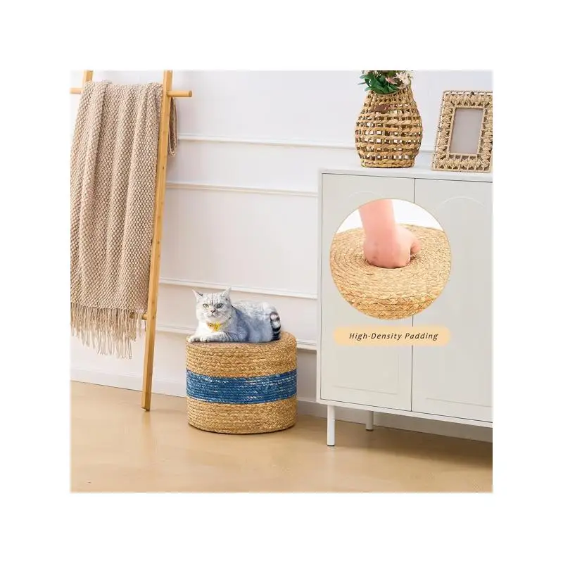 مقعد قدم منسوج يدويًا، مسند صفير الماء الطبيعي لديكور المنزل والجلوس باللون الأزرق