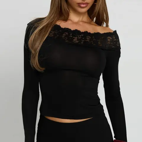 Y2k Floral Lace T Shirts for Women Goth Black Long Sleeve Off The Shoulder Basic Going Out Tops