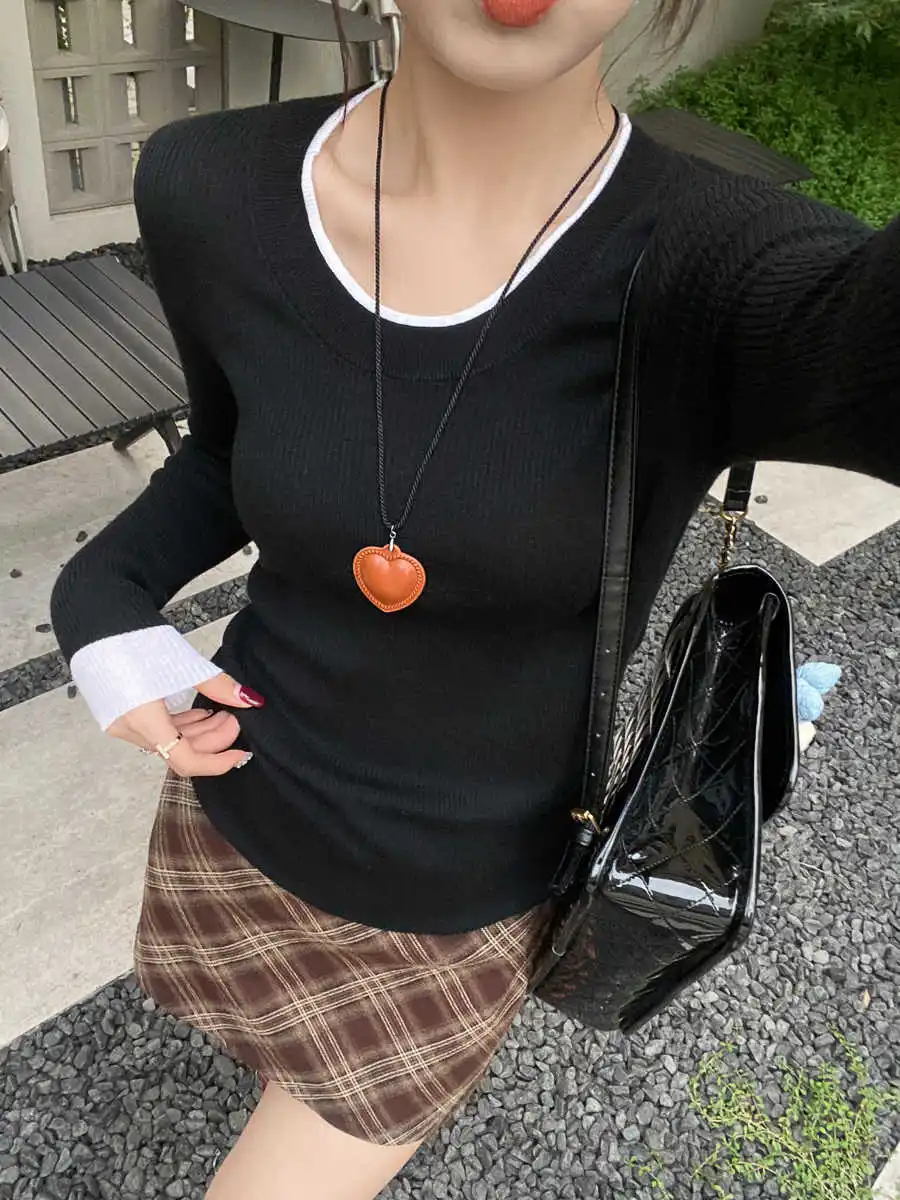 Grey Crew Neck Color Block Women Sweater 2026 Autumn Winter New Design Knit Base Pullover Long Sleeve Inner Wear Tops