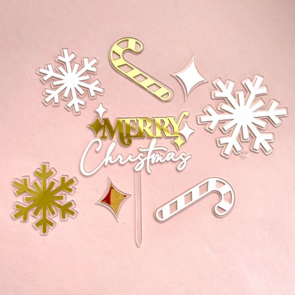 8pcs/set Acrylic Christmas Cake Decorations Merry Christmas Snowflakes New Year Party Cake Topper Decorations Supplies