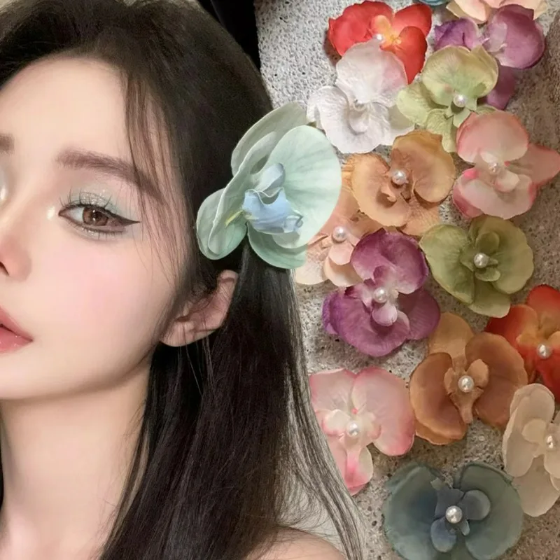 New Pearl Flower Hair Clip Cute Cloth Butterfly Orchid Orchid Flower Hairpin Duckbill Clip Korean Style Seaside Girl Hair Clip