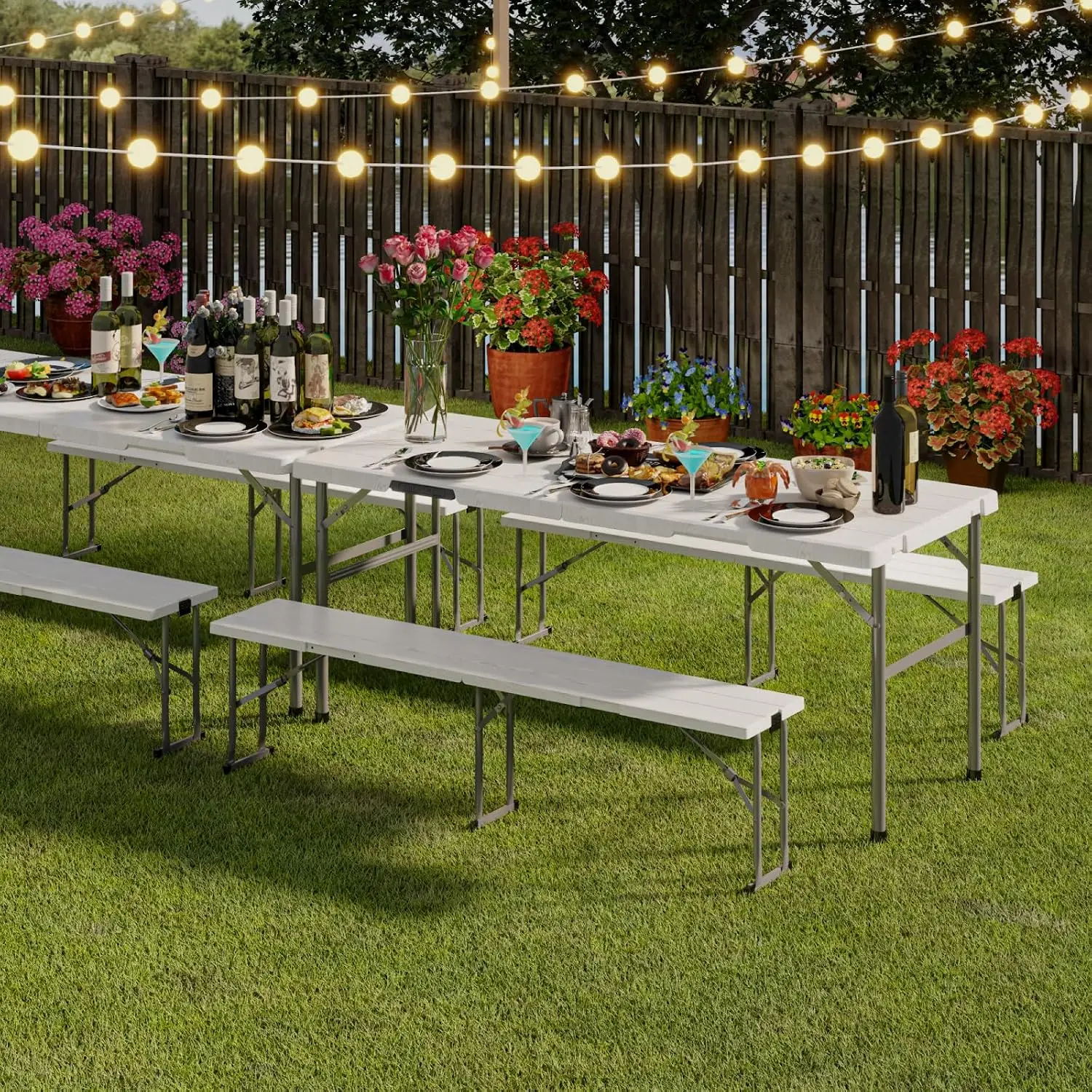 6FT Folding Picnic Table with 2 Benches, 3-Piece Plastic Camping Table & Bench Set, Portable Outdoor Furniture for Party, BBQ