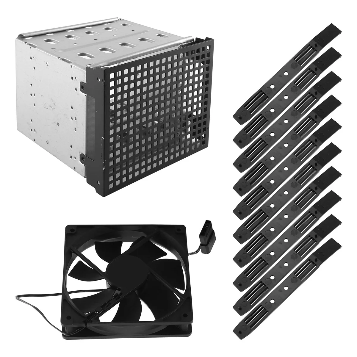 

Storage Expansion Hard Drive Cage DIY Hard Drive Disk Cage Rack 5.25 Inch to 5X 3.5Inch Bracket with 12cm Fan