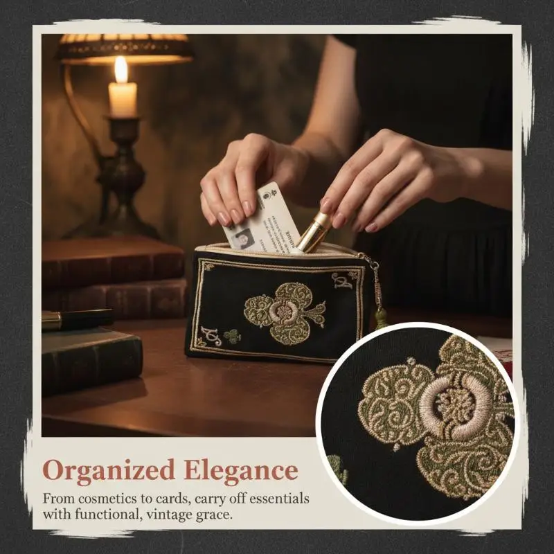 【L】Bolsa de cosméticos con patrón de cartas de juego bordadas a mano, estilo étnico japonés retro con flecos, bolsa portátil para guardar tarjetas y monedas