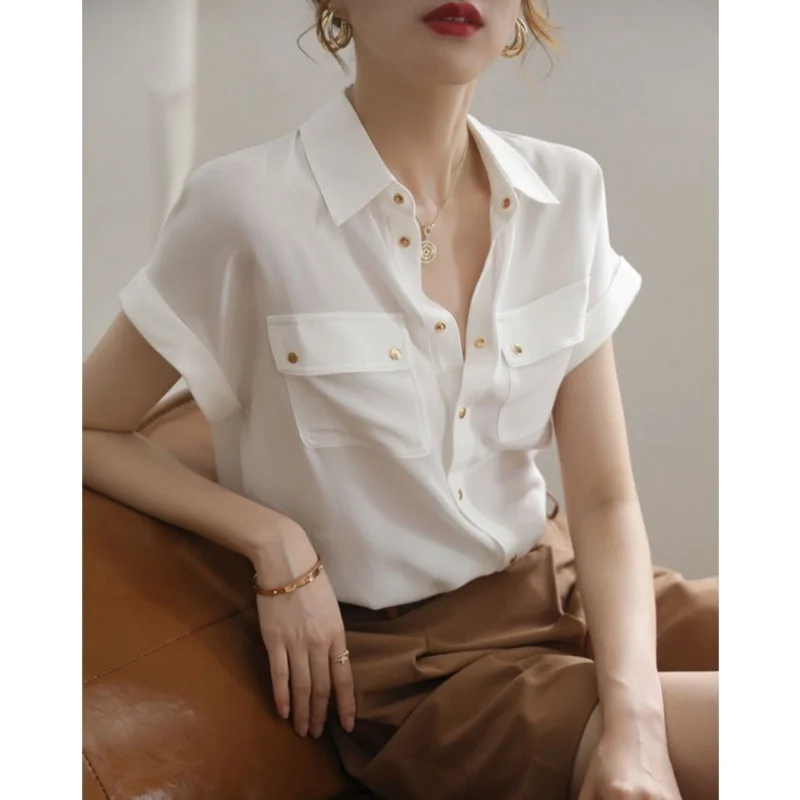 

White Retro ort-Sved Women's irt CleanFit Polyester Spring Collar Thin Non-Sinking Ladies Faion