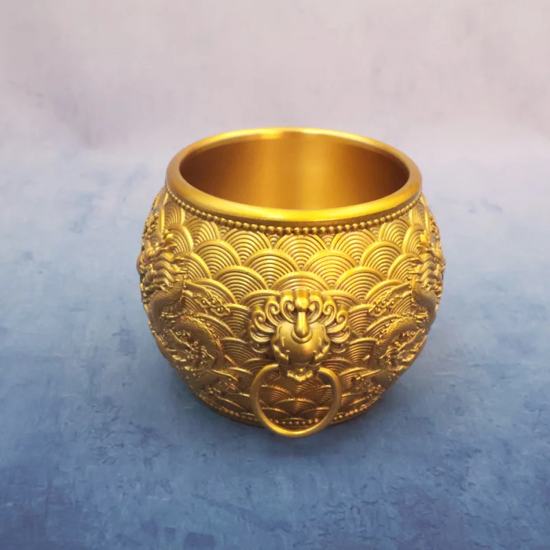 Brass Relief Double Playing with Pearls Ear Ornament Home Office Entrance Lion Head Dragon Pattern Cylinder