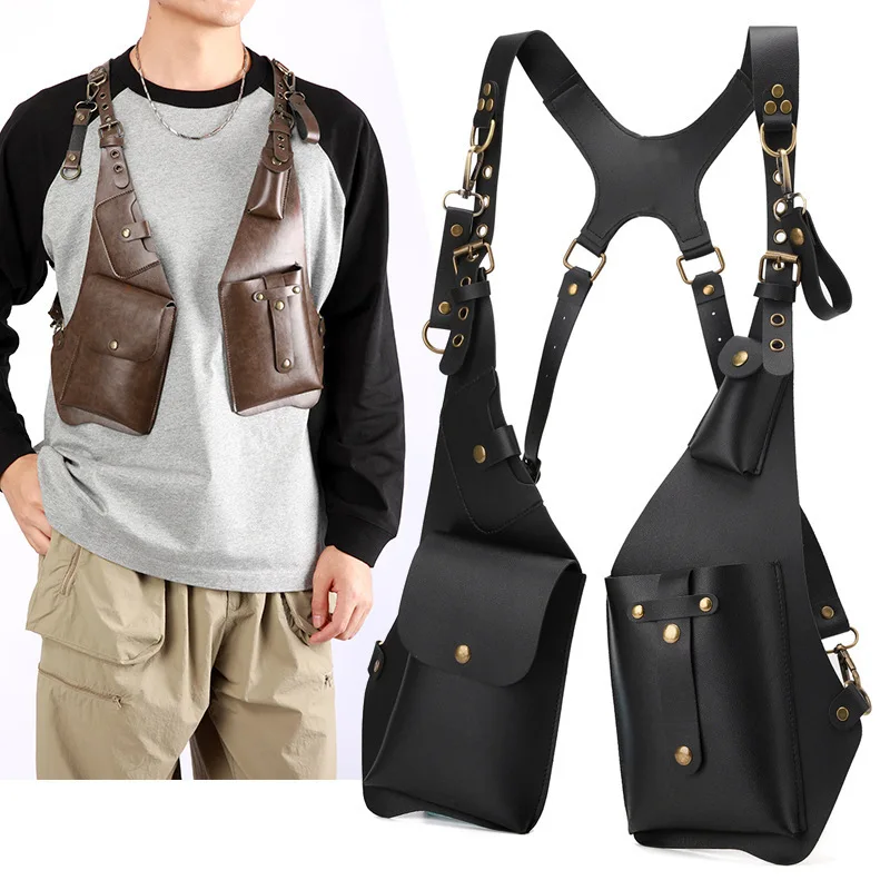 Crossbody Bag Men Vest Chest Bag European Vintage Rock Shoulder Pack Large Capacity Waist Bag Backpack Cycling Cosplay War Game